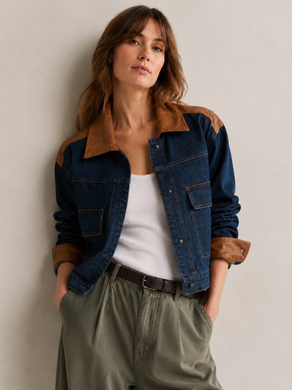VIGOSS Western Denim Trucker Jacket Faux Leather Trim Women’s Small NWT